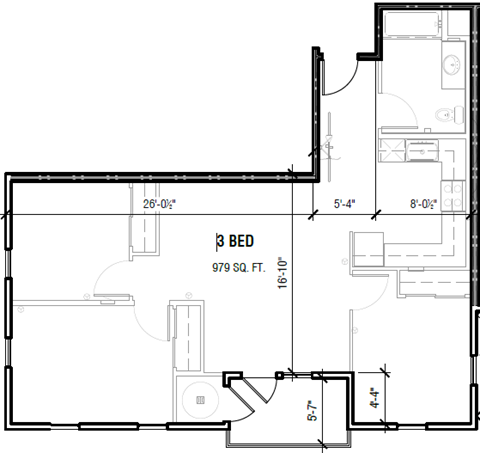 A floor plan of a 3 bedroom apartment with a total area of 979 square feet.